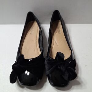 Pierre Dumas Black Patent Leather Velvet Bow Preppy Business Casual Flats- 7.5